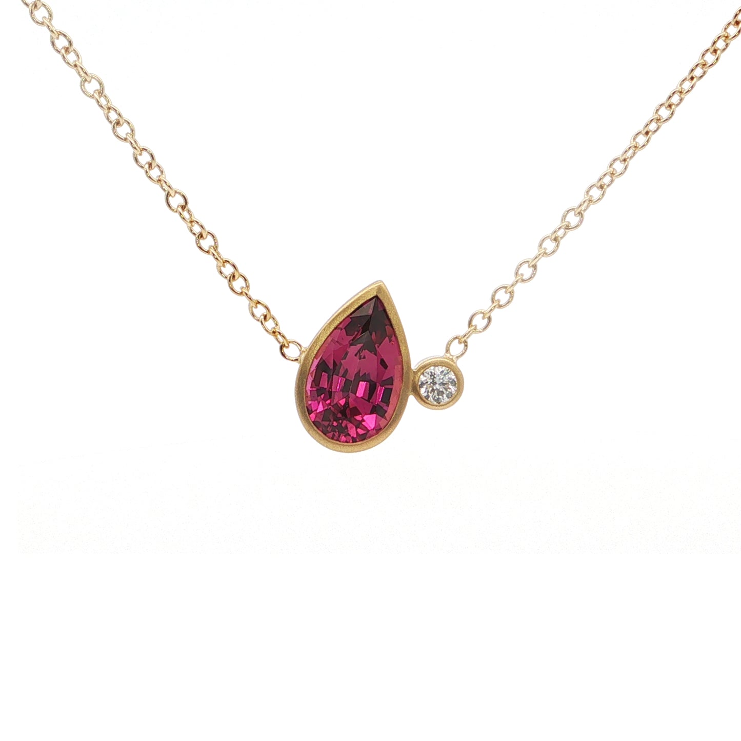 Malaya Garnet/Diamond Pear Shape 2 Stone Necklace 2.21/0.08ct 18K Yellow Gold