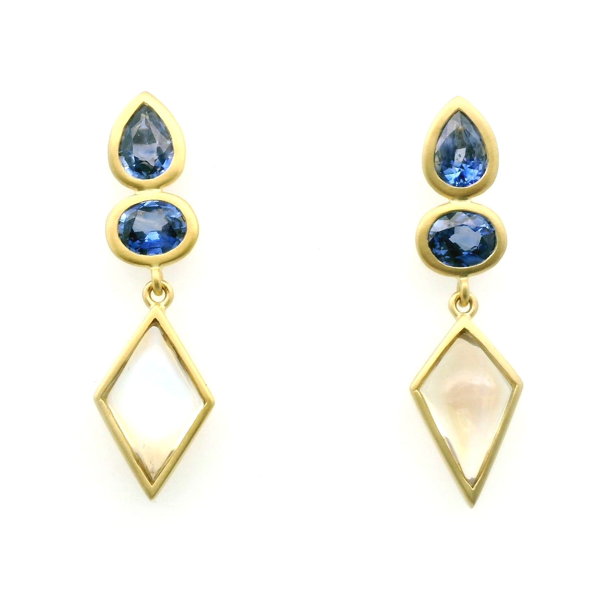 Blue Sapphire/Moonstone Bezel Earring 0.40/0.35ct 18K Yellow Gold