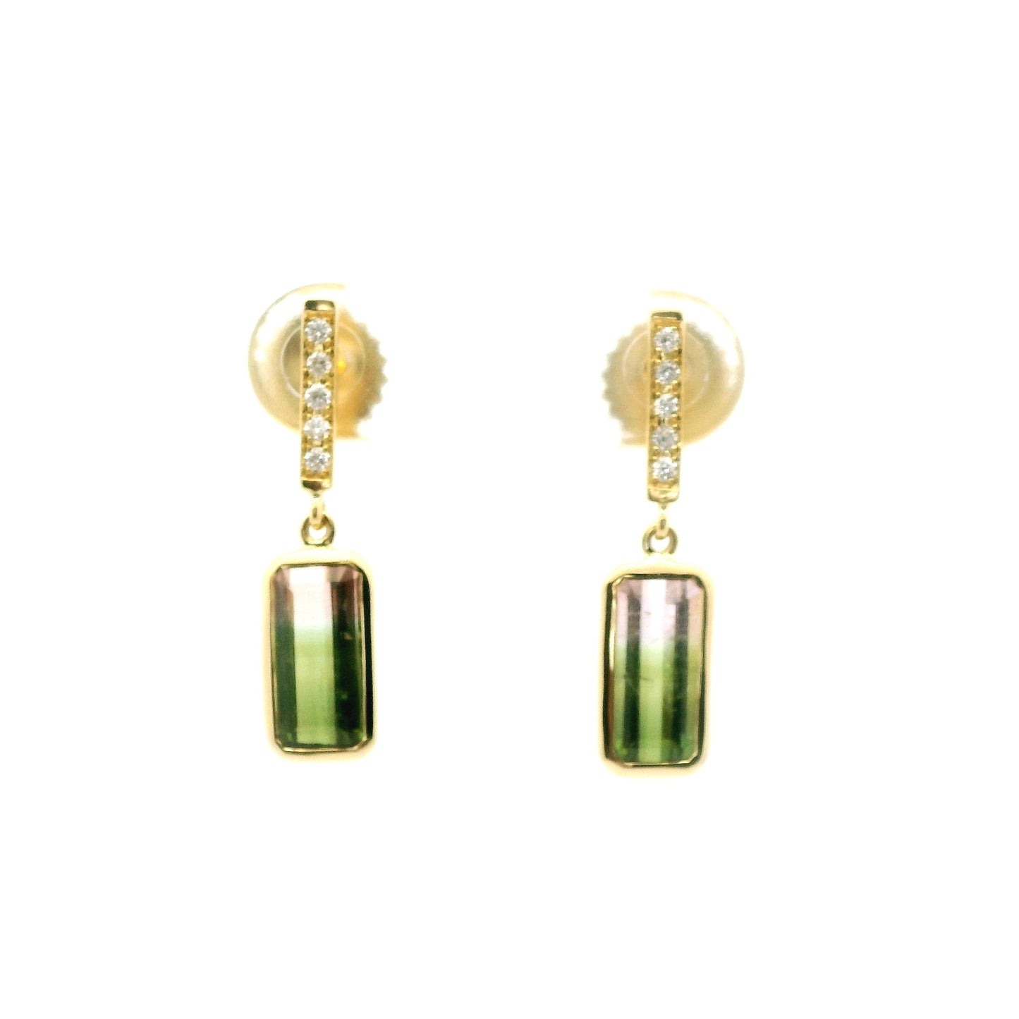 Bicolor Tourmaline Emerald Cut Bezel with Diamonds Earring 2.56/0.08ct 18K Yellow Gold