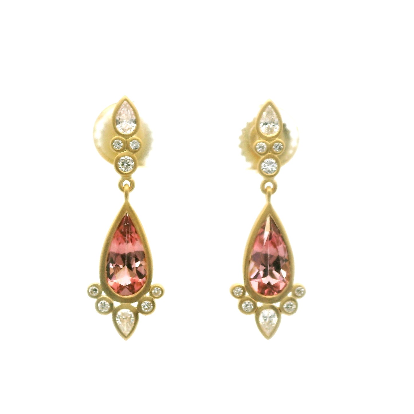 Pink Tourmaline Pear Shape Bezel with Diamonds Earring 1.83/0.53ct 18K Yellow Gold