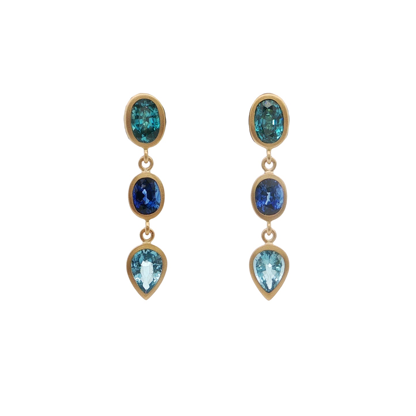 Blue Zircon/Blue Sapphire/Aquamarine 3 Stone Earring 1.71/1.16/0.35ct 18K Yellow Gold