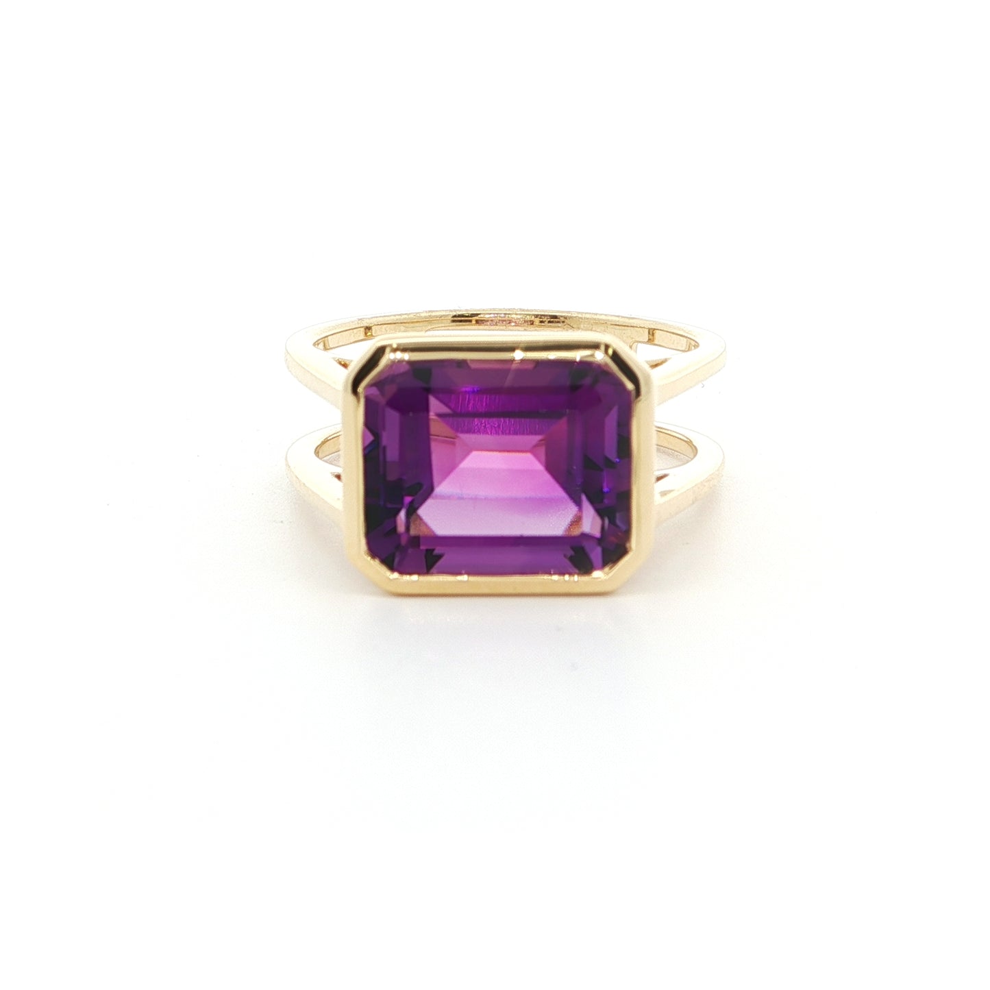 Amethyst Emerald Cut Split Shank Ring 4.27ct 18K Yellow Gold Size 7.5