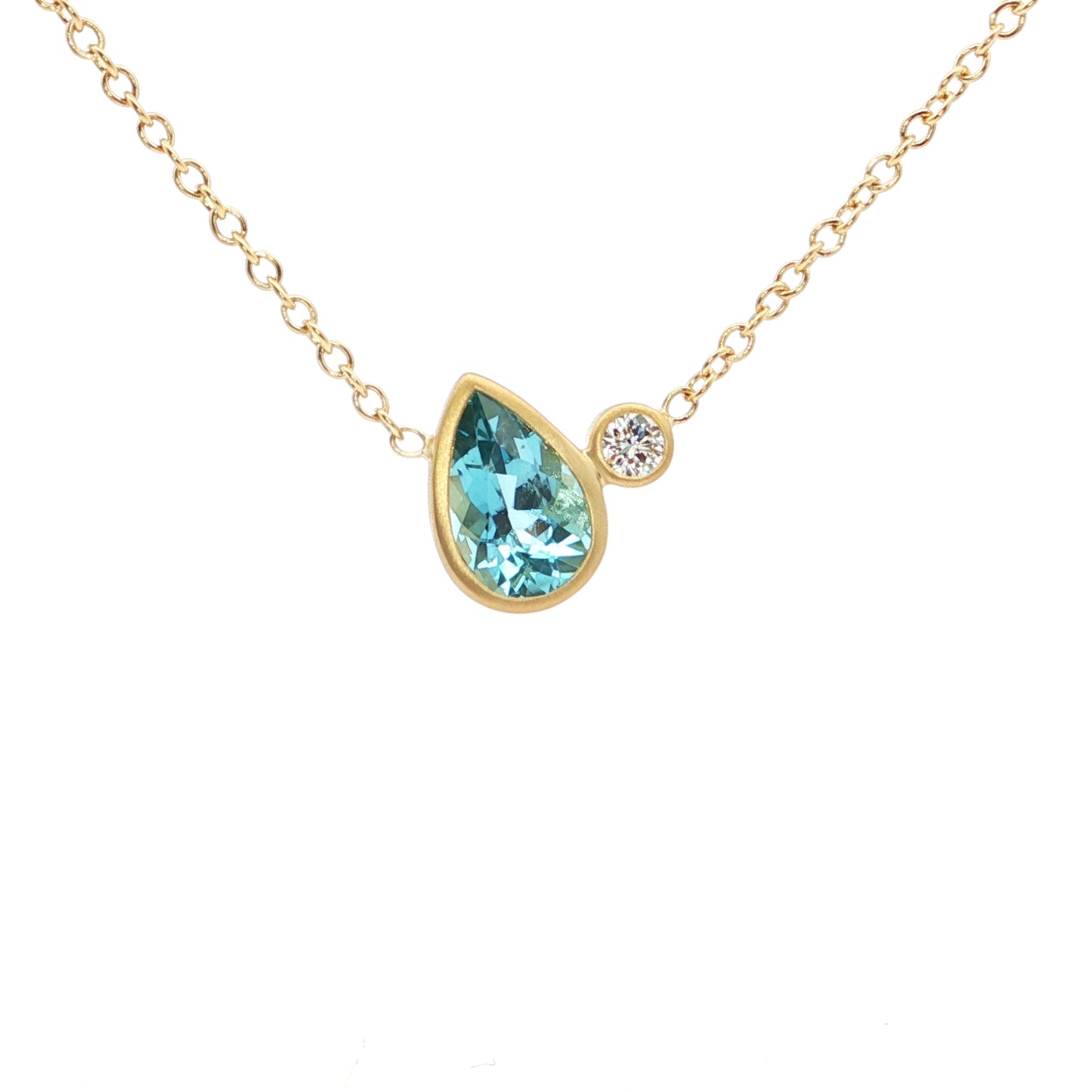 Aquamarine/Diamond Pear Shape 2 Stone Necklace 1.16/0.08ct 18K Yellow Gold