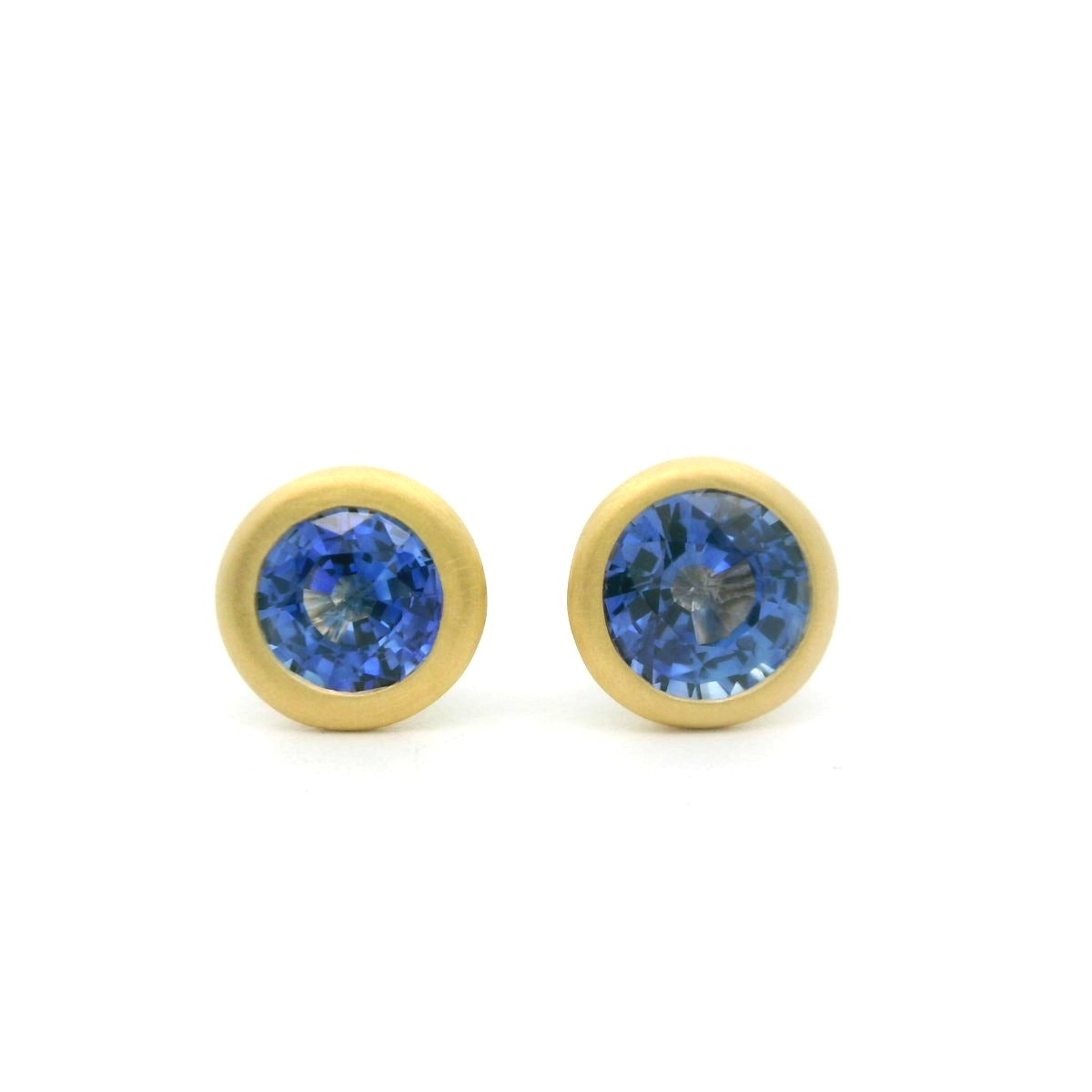 Blue Sapphire Round Bezel Earring 1.43ct 18K Yellow Gold