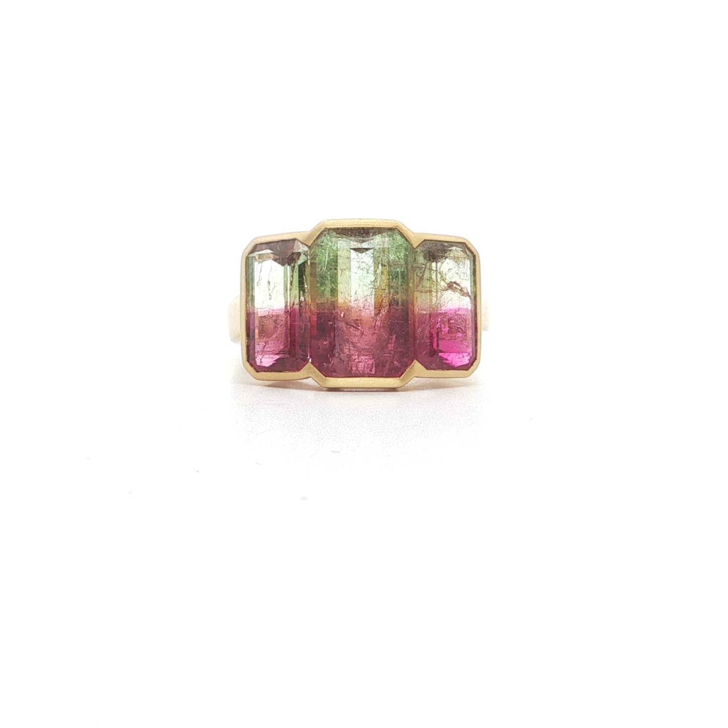 Bicolor Tourmaline Emerald Cut 3 Stone Ring 7.00ct 18K Yellow Gold Size 7