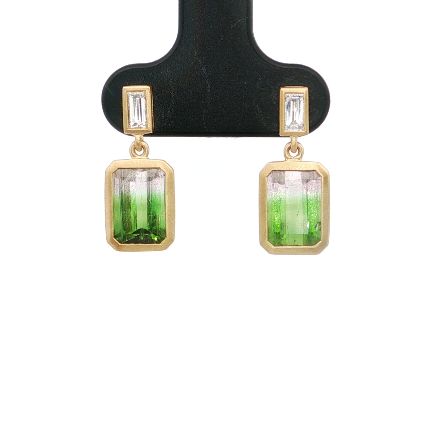 Bicolor Tourmaline/Diamond Emerald Cut Bezel Earring 3.85/0.25ct 18K Yellow Gold