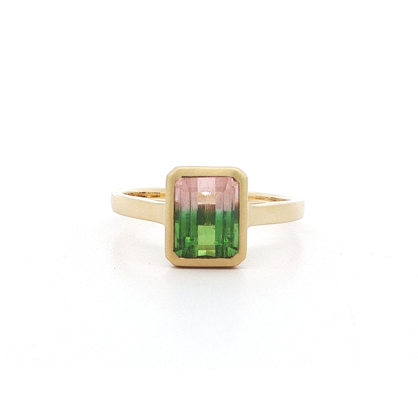 Bicolor Tourmaline Emerald Cut Bezel Ring 1.97ct 18K Yellow Gold Size 7