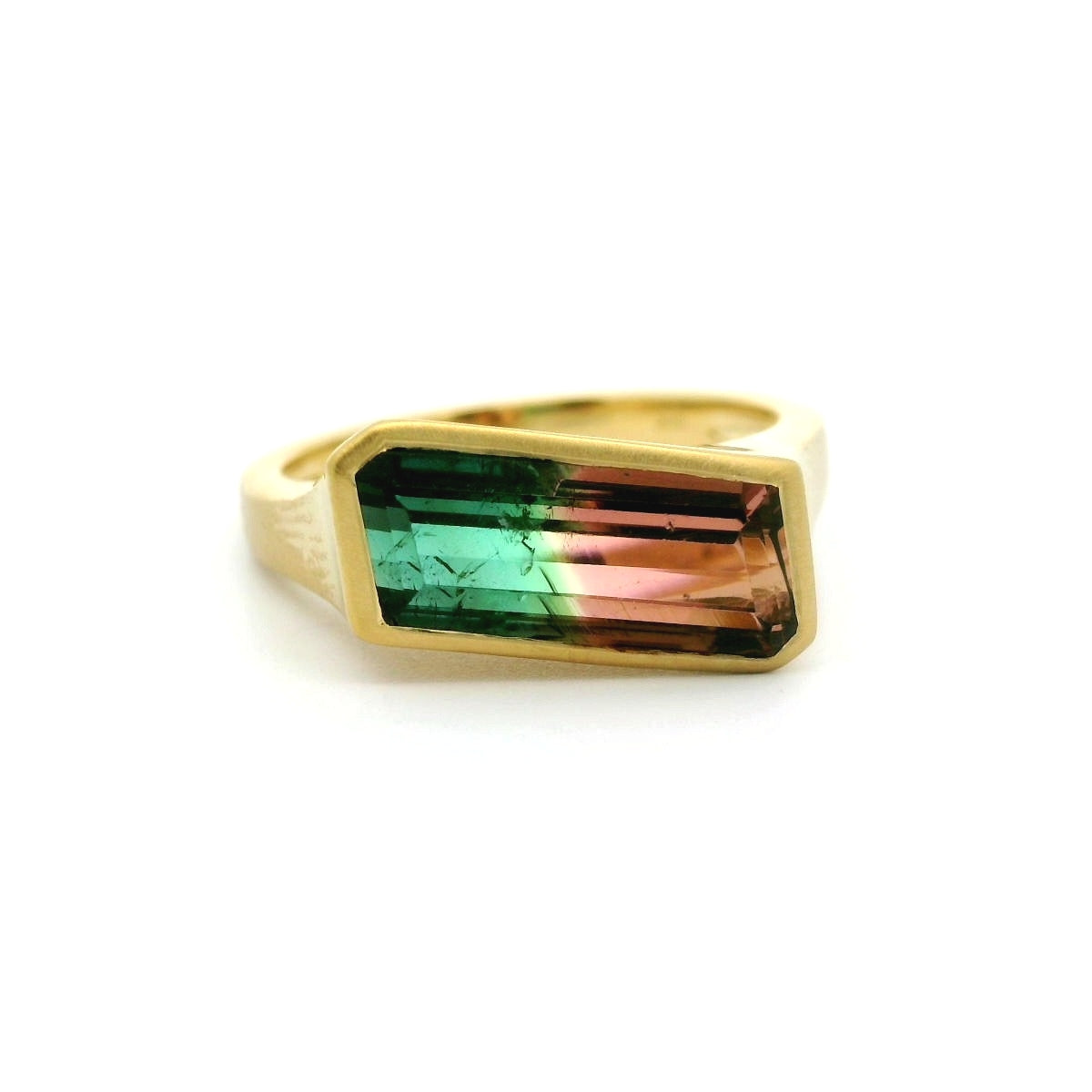 Bicolor Tourmaline Fancy Cut Bezel Ring 3.55ct 18K Yellow Gold Size 7