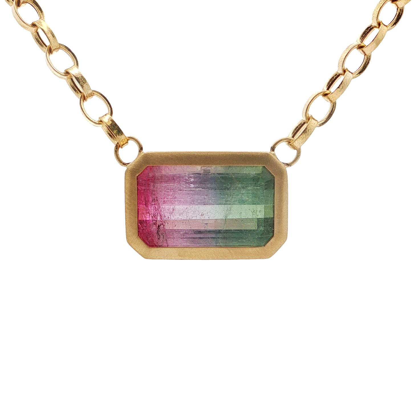 Bicolor Tourmaline Emerald Cut Bezel Necklace 12.13ct 18K Yellow Gold