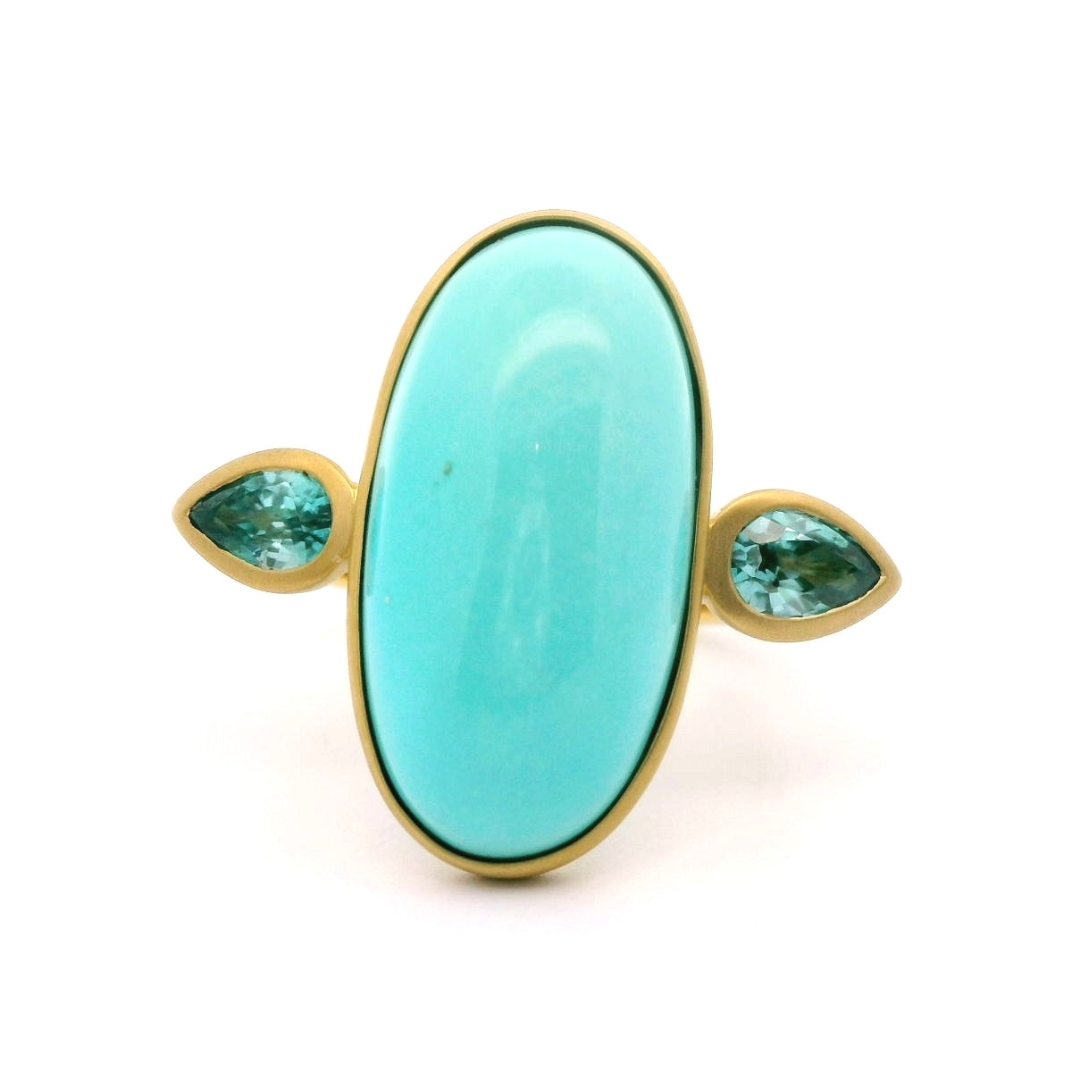 Turquoise/Blue Zircon 3 Stone Ring 0.76/1.17ct 18K Yellow Gold Size 7.5