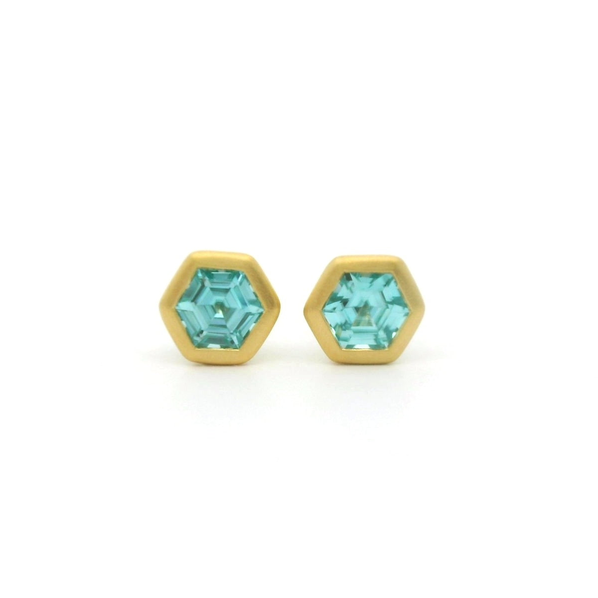 Blue Zircon Hexagon Bezel Earring 0.94ct 18K Yellow Gold