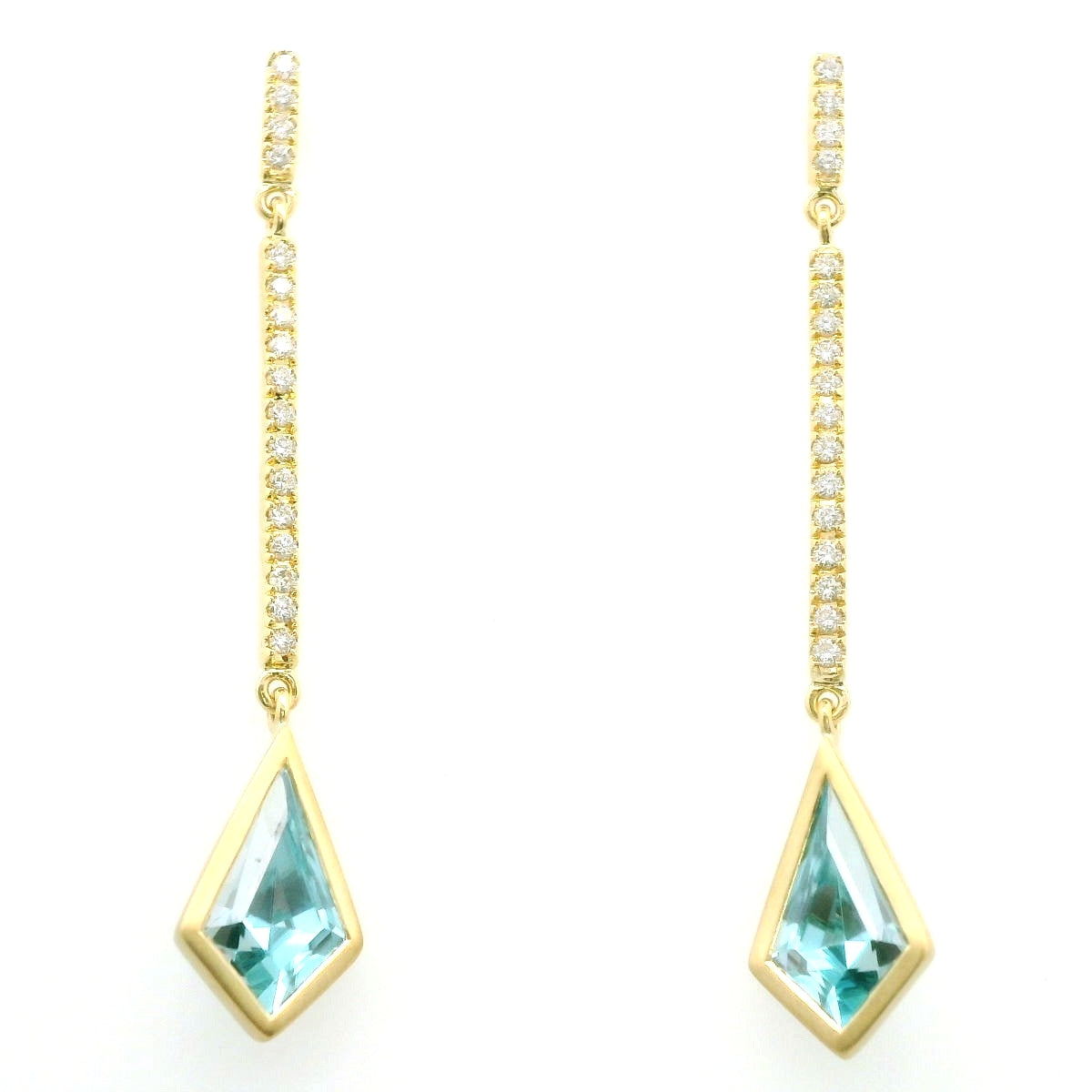 Blue Zircon Kite Bezel with Diamonds Earring 3.40/0.25ct 18K Yellow Gold