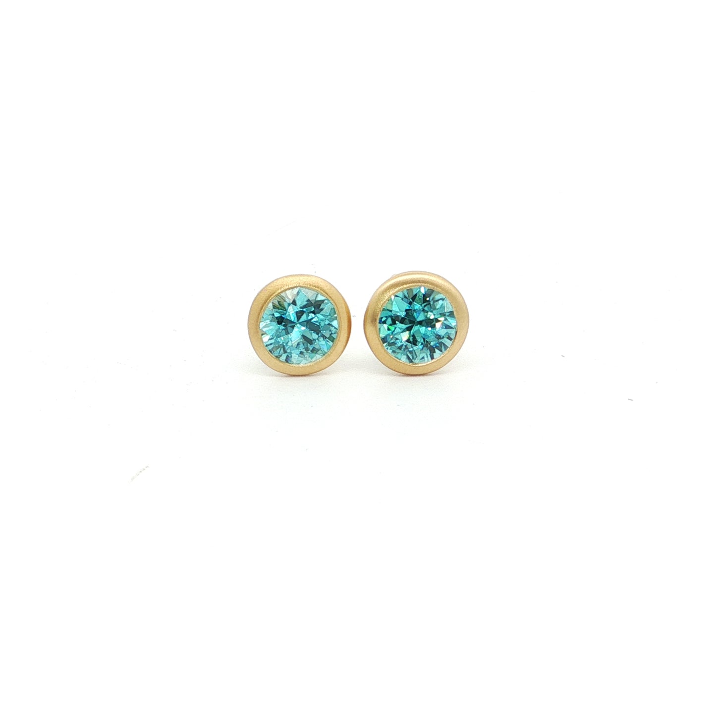 Blue Zircon Round Bezel Earring 1.31ct 18K Yellow Gold