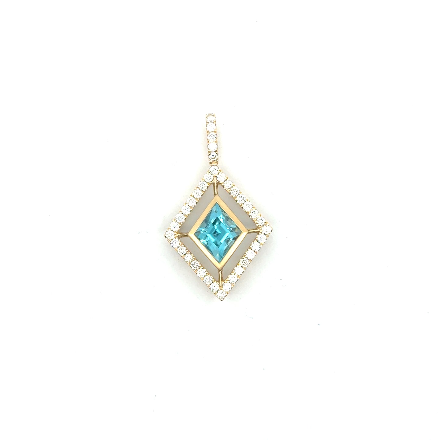 Blue Zircon Kite Halo Pendant 2.88/0.54ct 18K Yellow Gold