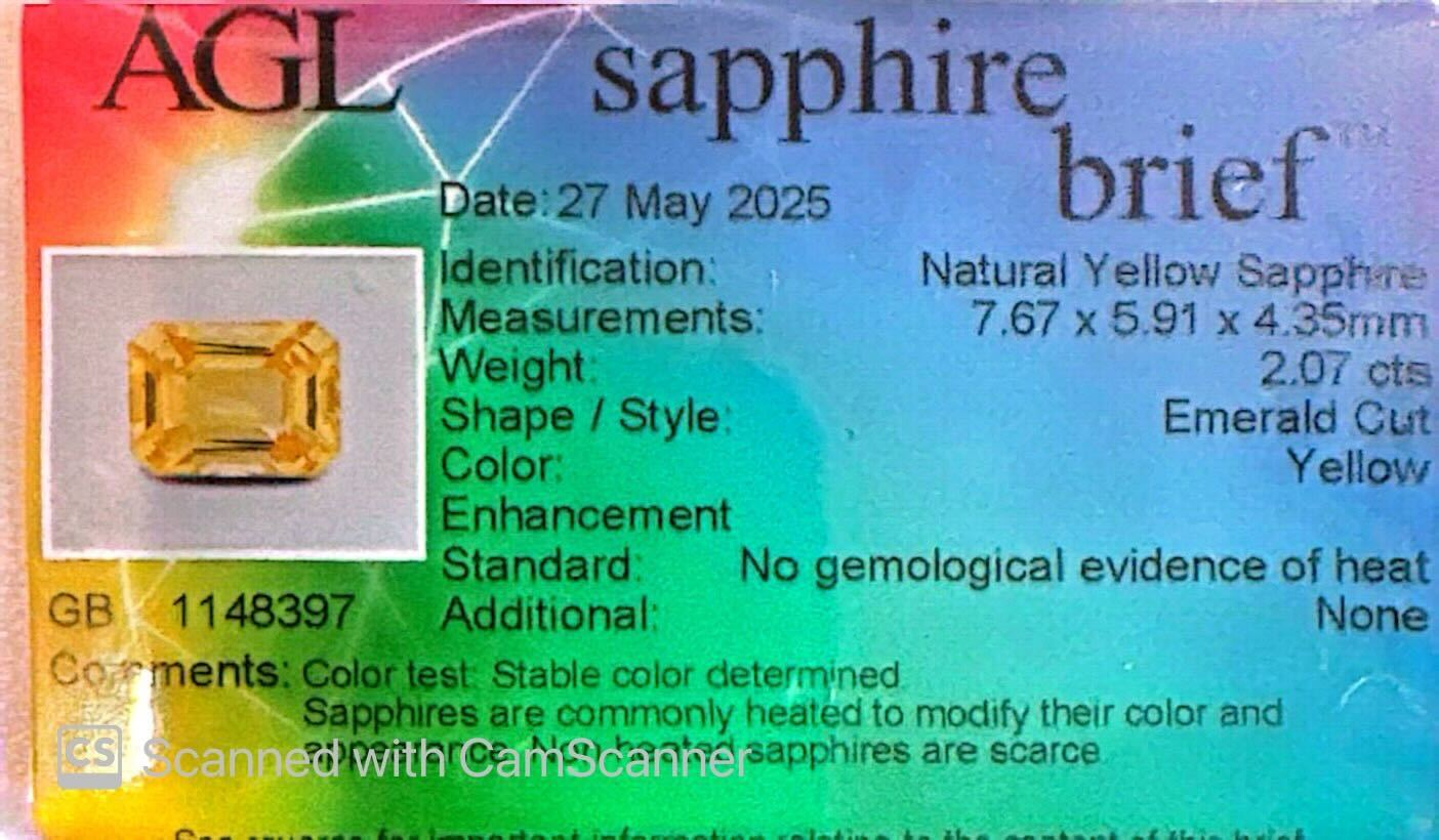 Sri Lankan Yellow Sapphire Emerald Cut AGL Certified 2.07ct (N) 7.7x5.9mm 850pct