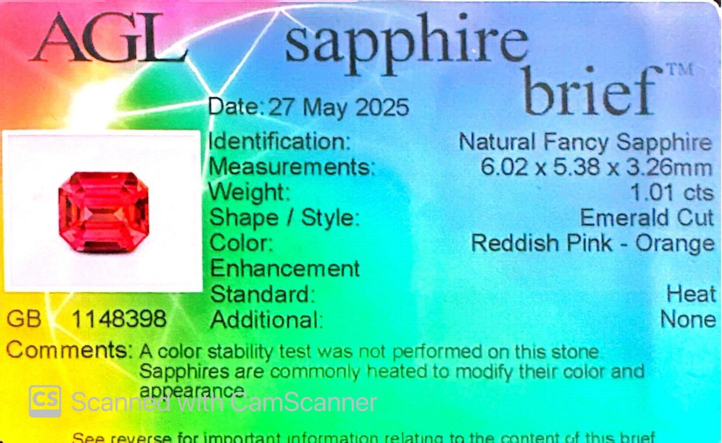 Red Sapphire Emerald Cut 1.01ct (H) 6.02x5.38mm Certified 2800pct