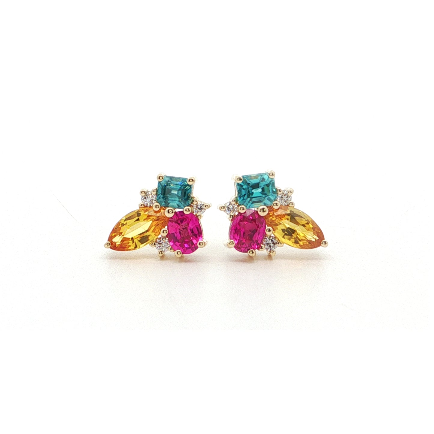 Yellow Sapphire/Ruby/Blue Zircon/Diamond Cluster Earring 0.94/0.60/0.68/0.08ct 18K Yellow Gold