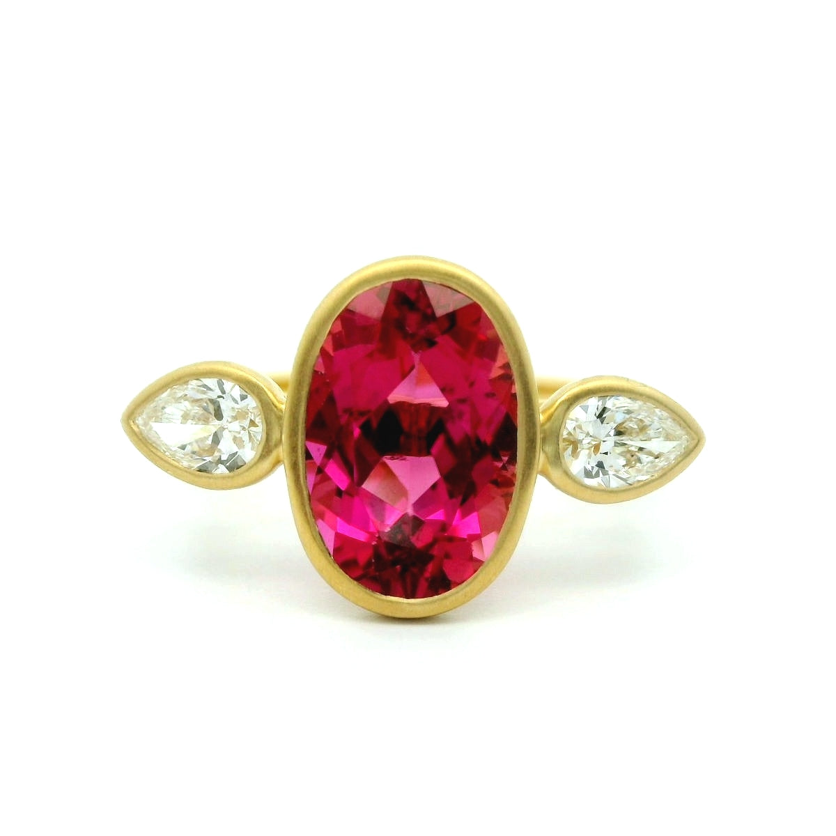 Rubellite Tourmaline/Diamond 3 Stone Ring 3.55/0.61ct 18K Yellow Gold Size 7.5