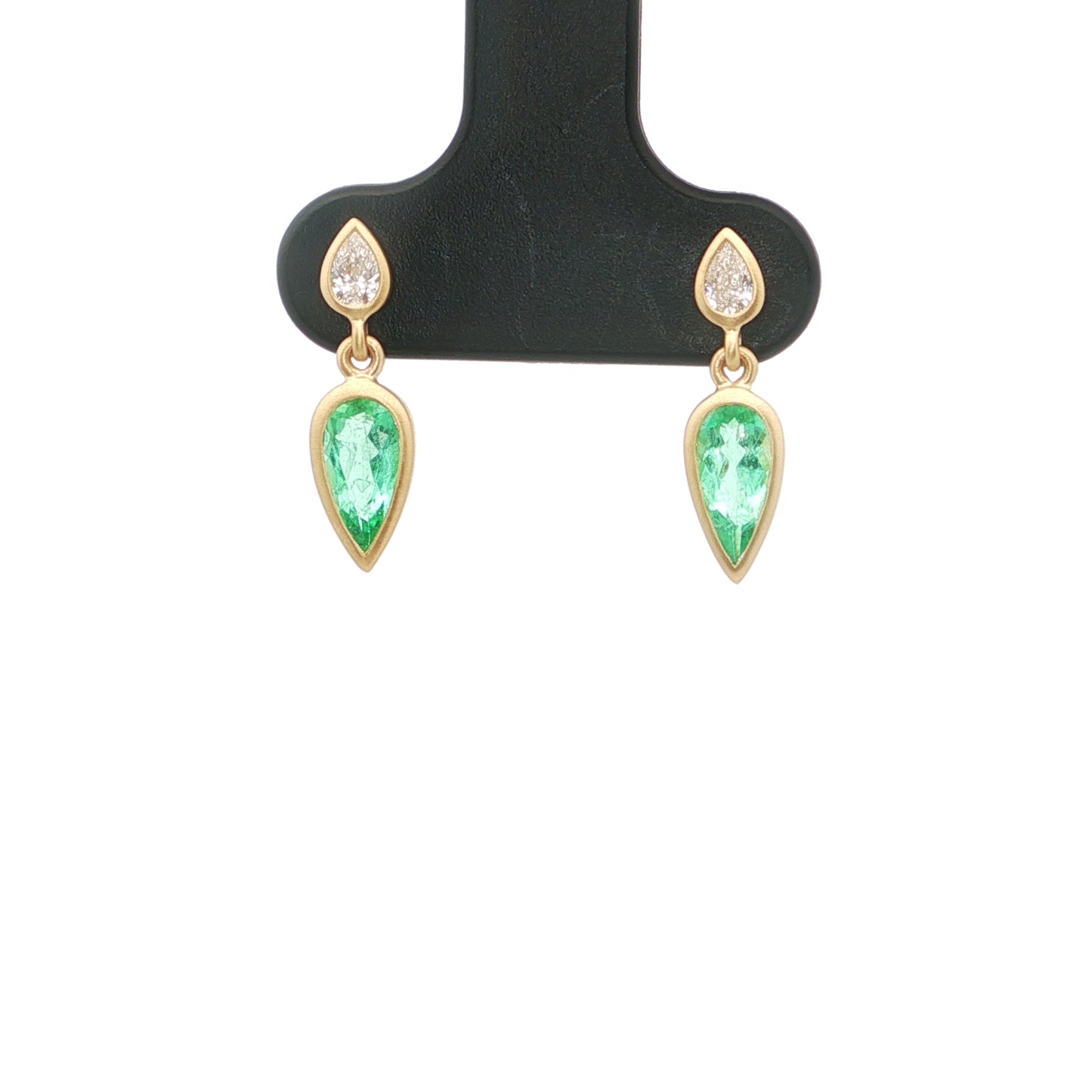 Emerald/Diamond Pear Shape Bezel Earring 0.70/0.15ct 18K Yellow Gold