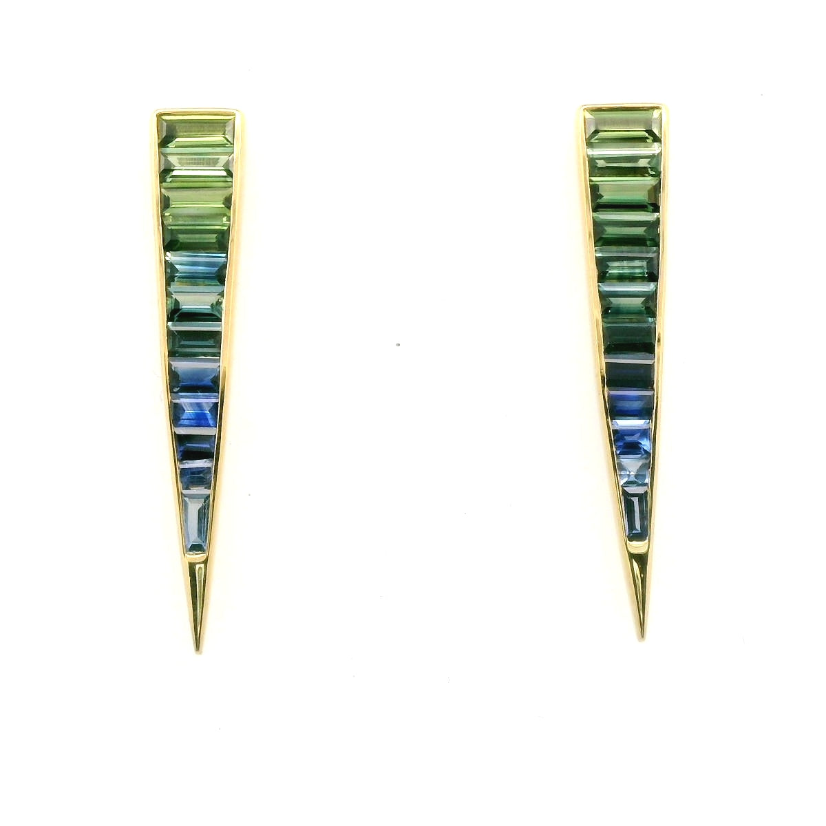 Blue Sapphire/Green Sapphire Fancy Cut Ombré Bezel Earring ~3.00ct 18K Yellow Gold