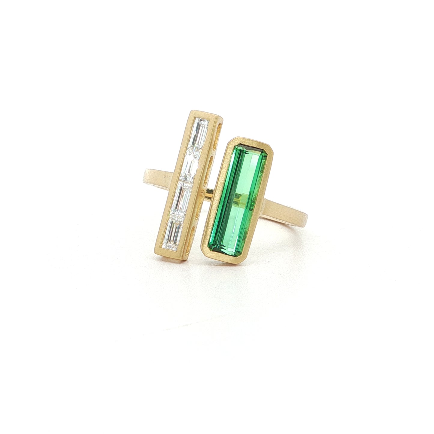Green Tourmaline/Diamond Emerald Cut 2 Stone Ring 1.28/0.38ct 18K Yellow Gold Size 7