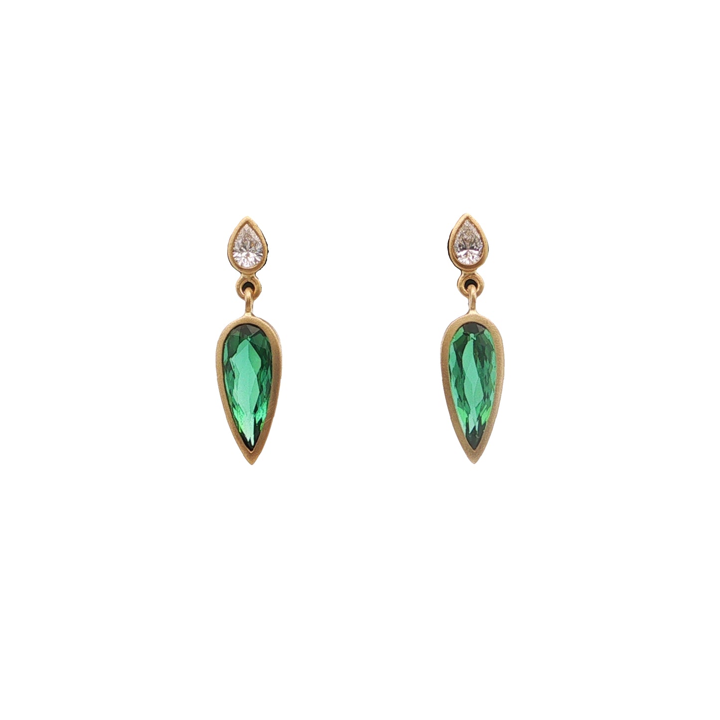 Green Tourmaline/Diamond Pear Shape Bezel Earring 1.44/0.18ct 18K Yellow Gold