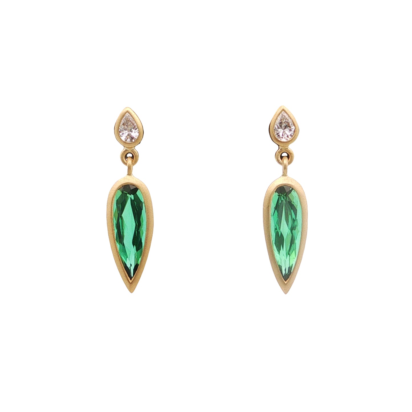 Green Tourmaline/Diamond Pear Shape Bezel Earring 1.54/0.16ct 18K Yellow Gold