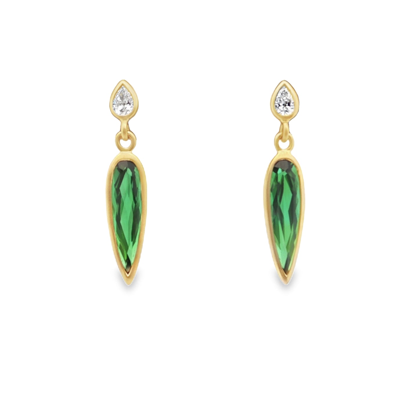 Green Tourmaline/Diamond Pear Shape Bezel Earring 1.86/0.16ct 18K Yellow Gold