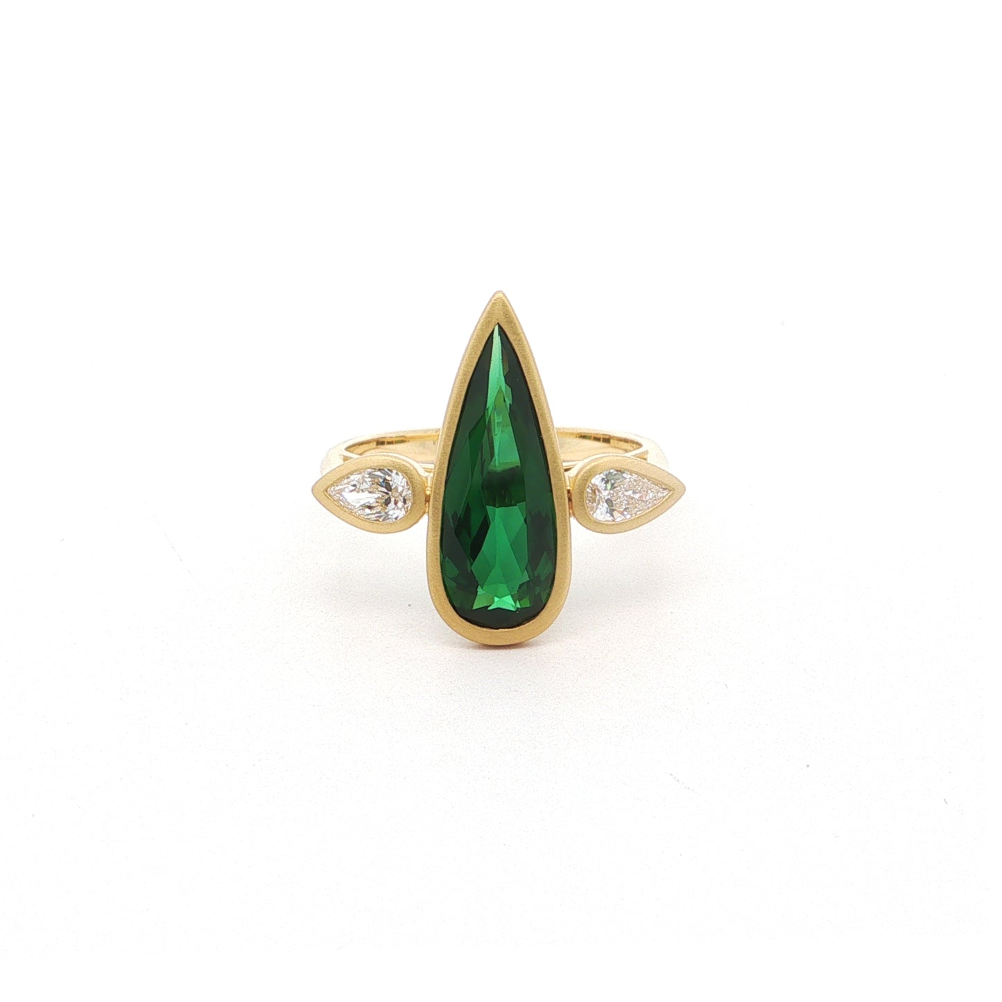 Green Tourmaline/Diamond Pear Shape 3 Stone Ring 2.45/0.32ct 18K Yellow Gold Size 7