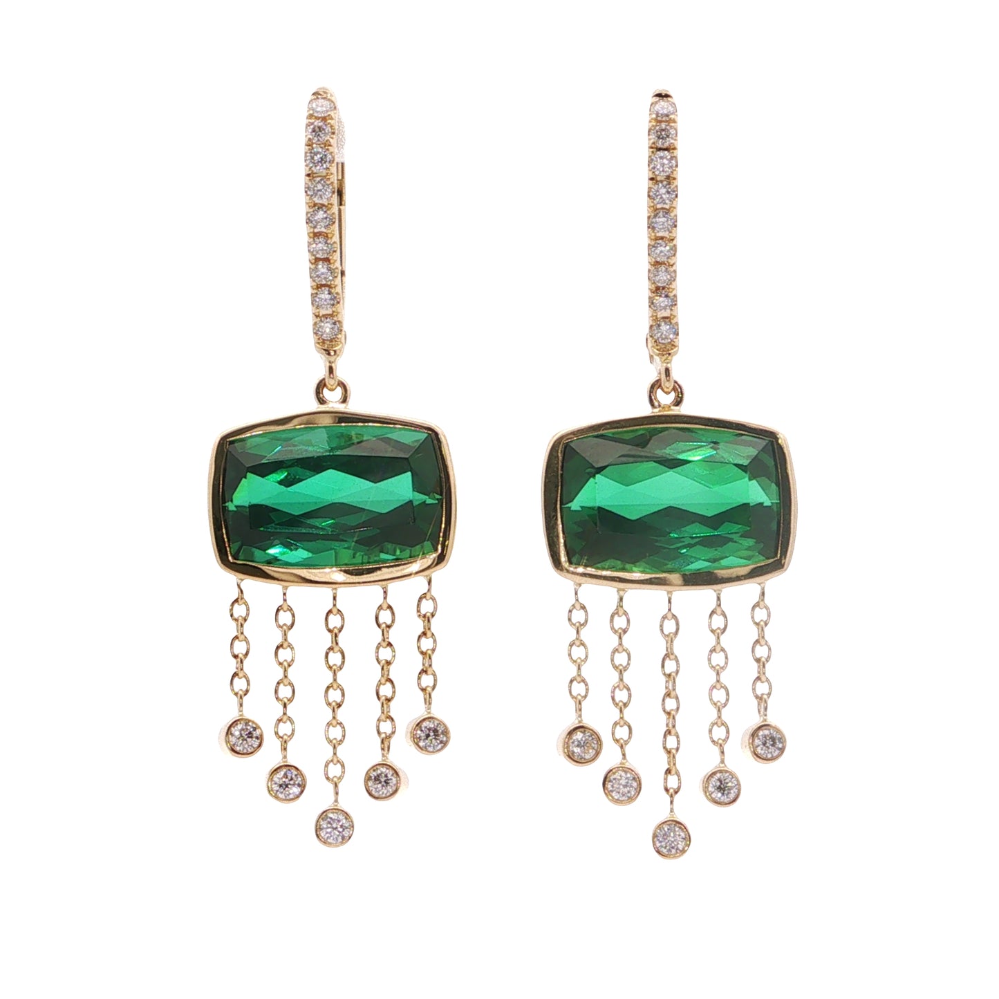 Green Tourmaline Cushion Bezel with Diamonds Earring 7.16/0.28ct 18K Yellow Gold