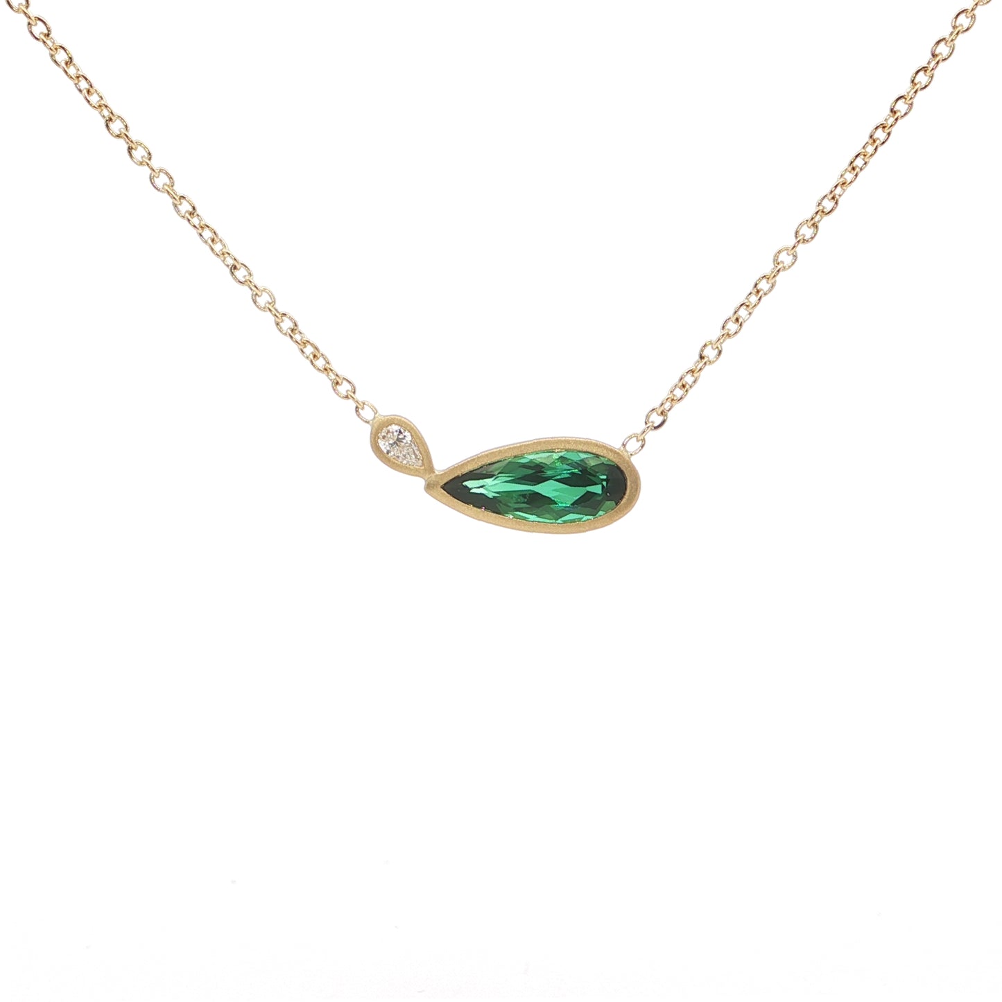 Green Tourmaline/Diamond Pear Shape 2 Stone Necklace 0.76/0.05ct 18K Yellow Gold