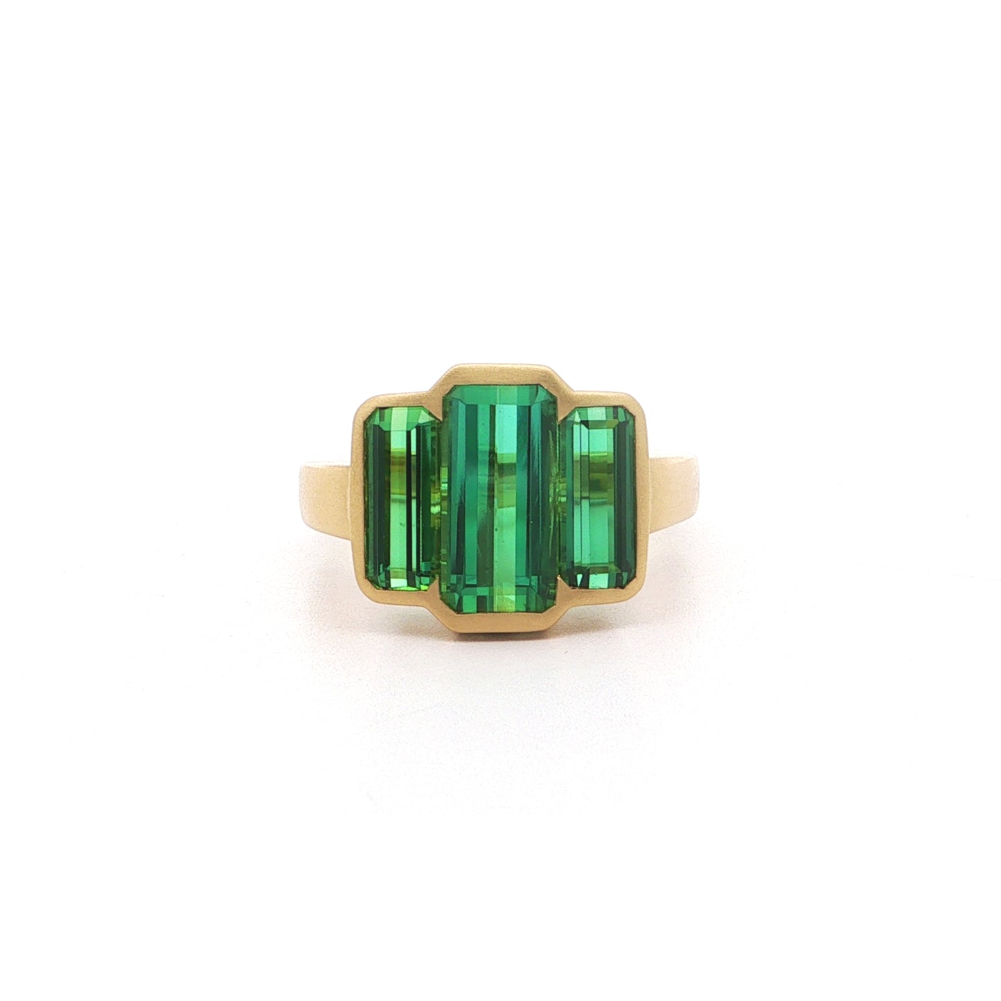 Green Tourmaline Emerald Cut 3 Stone Ring 4.93ct 18K Yellow Gold Size 7