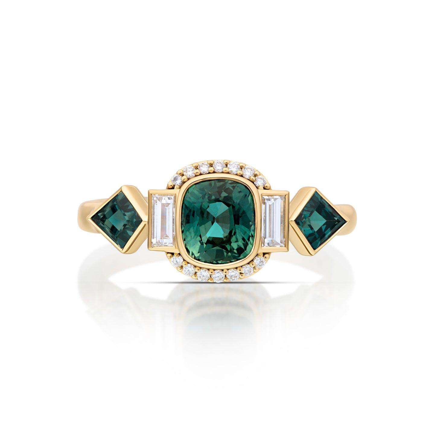 Teal Sapphire/Diamond 3 Stone Ring 2.36/0.61ct 18K Yellow Gold Size 7