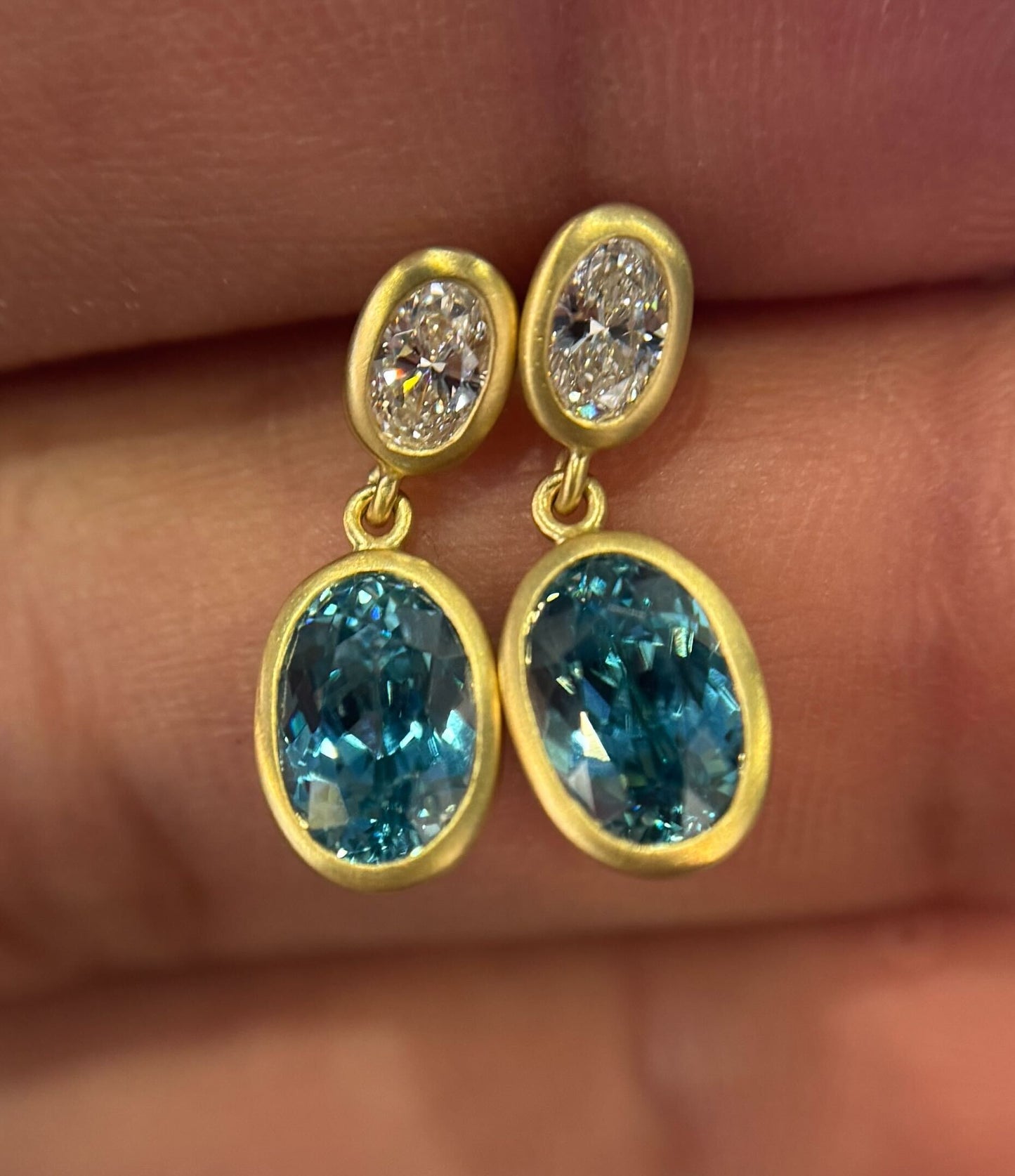 Blue Zircon Oval Bezel with Diamonds Earring 4.13/0.40ct 18K Yellow Gold