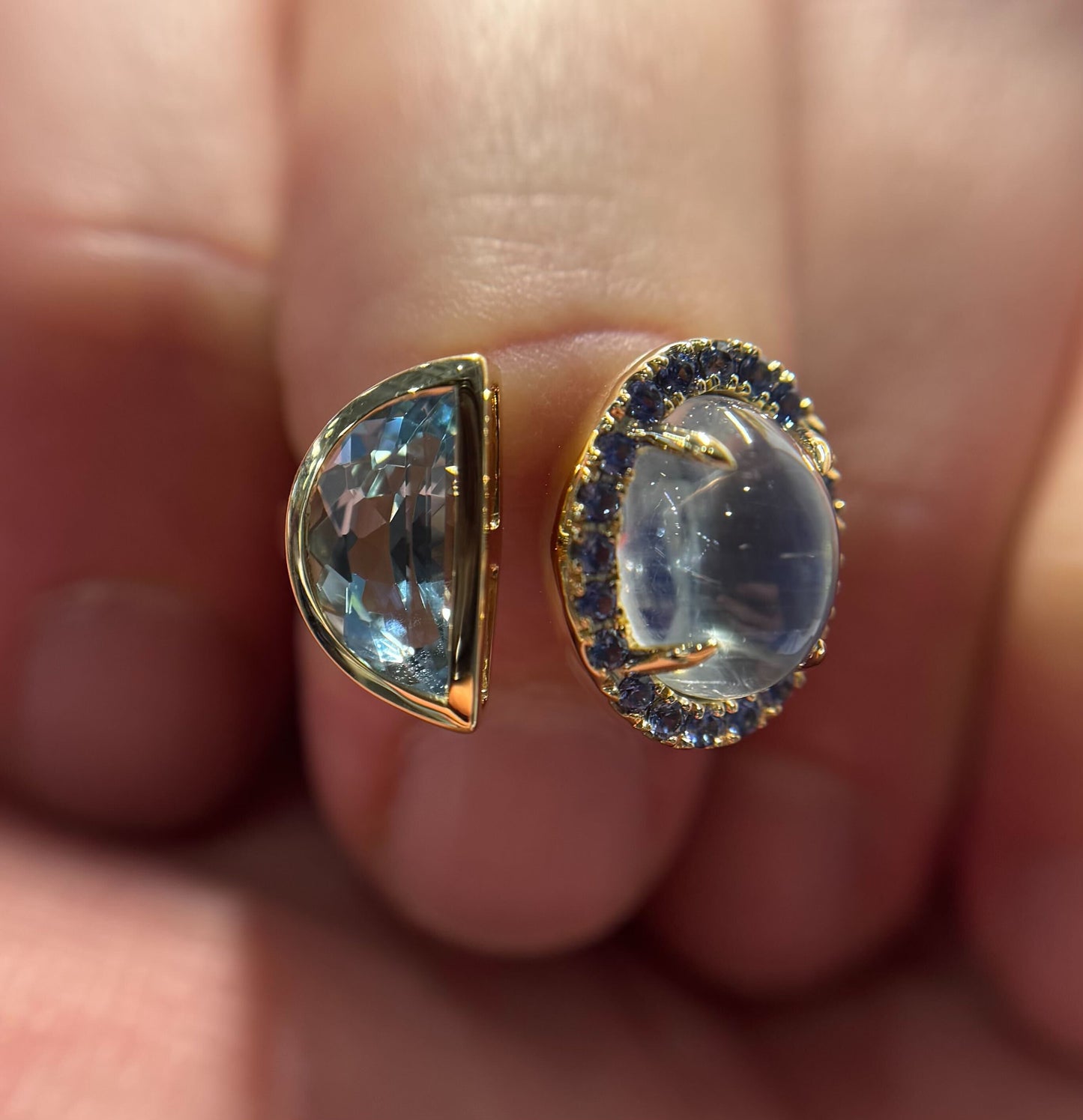 Aquamarine/Moonstone/Blue Sapphire Bezel/Halo Ring 1.59/0.21/0.33ct 18K Yellow Gold Size 7