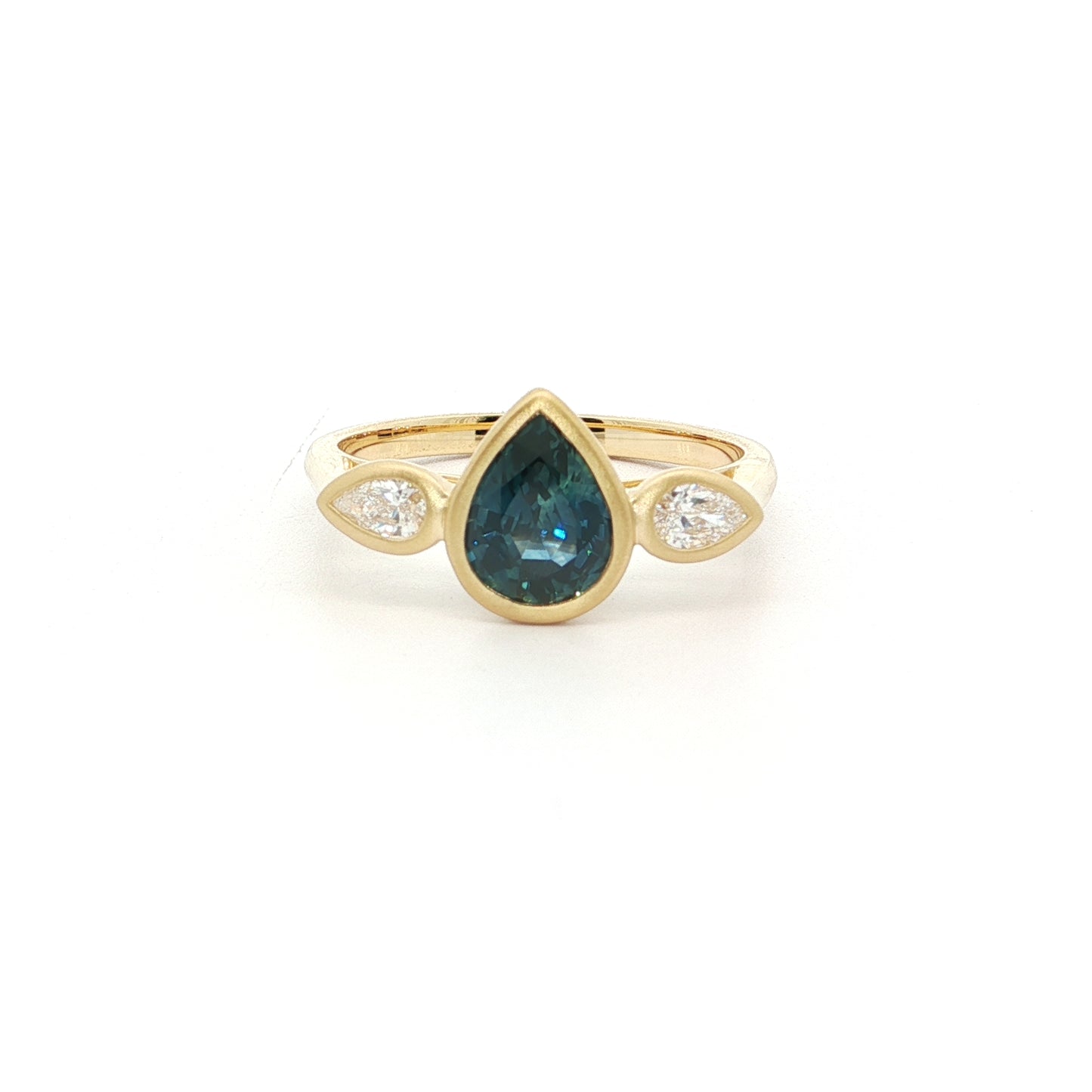 Montana Sapphire/Diamond Pear Shape 3 Stone Ring 1.15/0.20ct 18K Yellow Gold Size 7