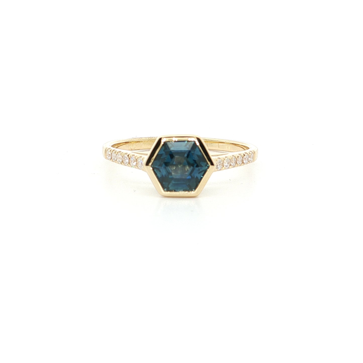 Montana Sapphire Hexagon Skinny Stack Ring 1.30/0.12ct 18K Yellow Gold Size 7