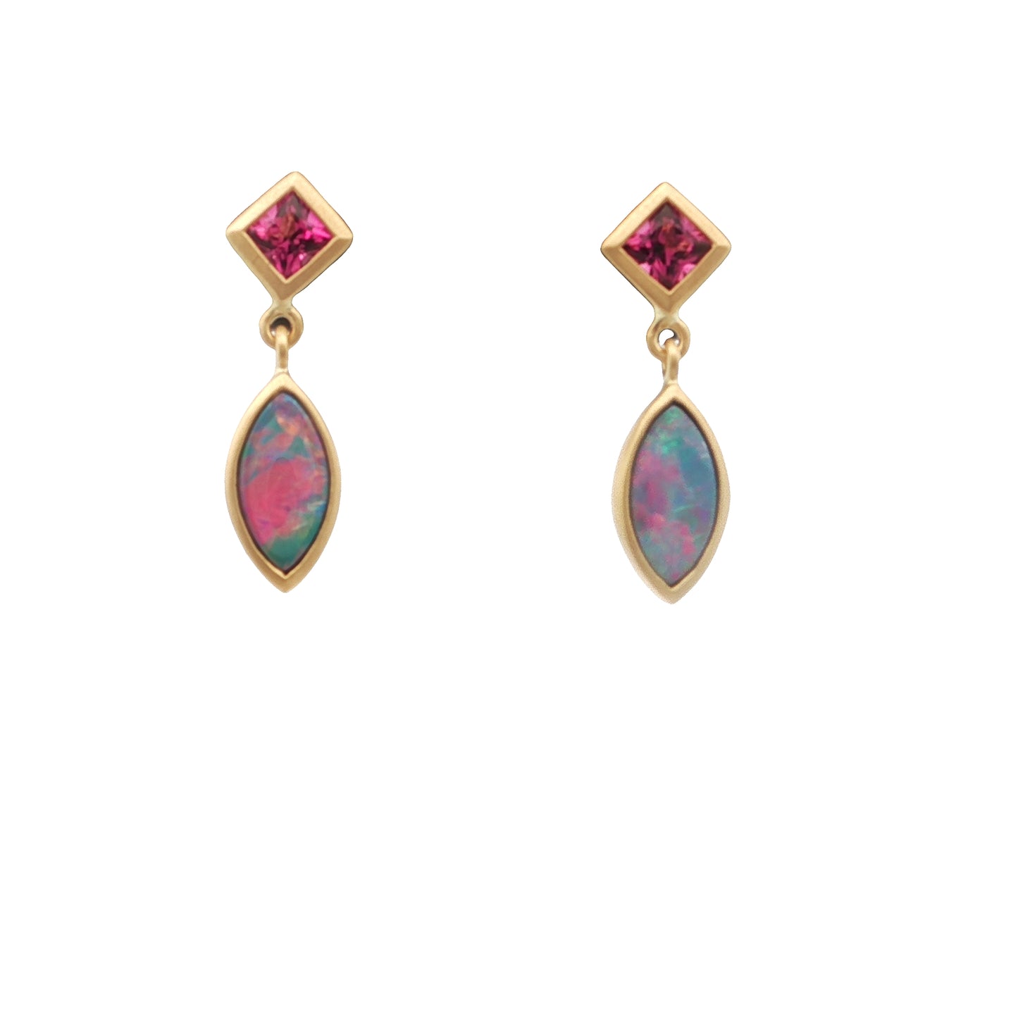 Opal/Pink Tourmaline Bezel Earring 0.85/0.31ct 18K Yellow Gold