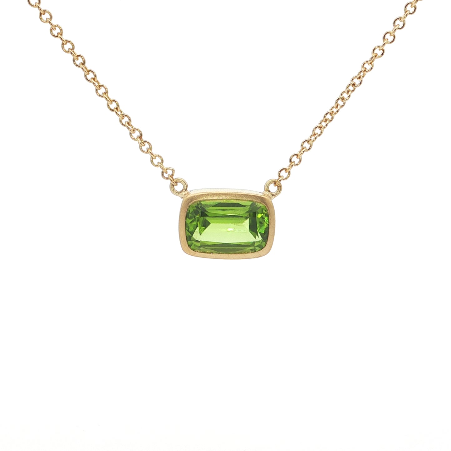 Peridot Cushion Bezel Necklace 2.75ct 18K Yellow Gold