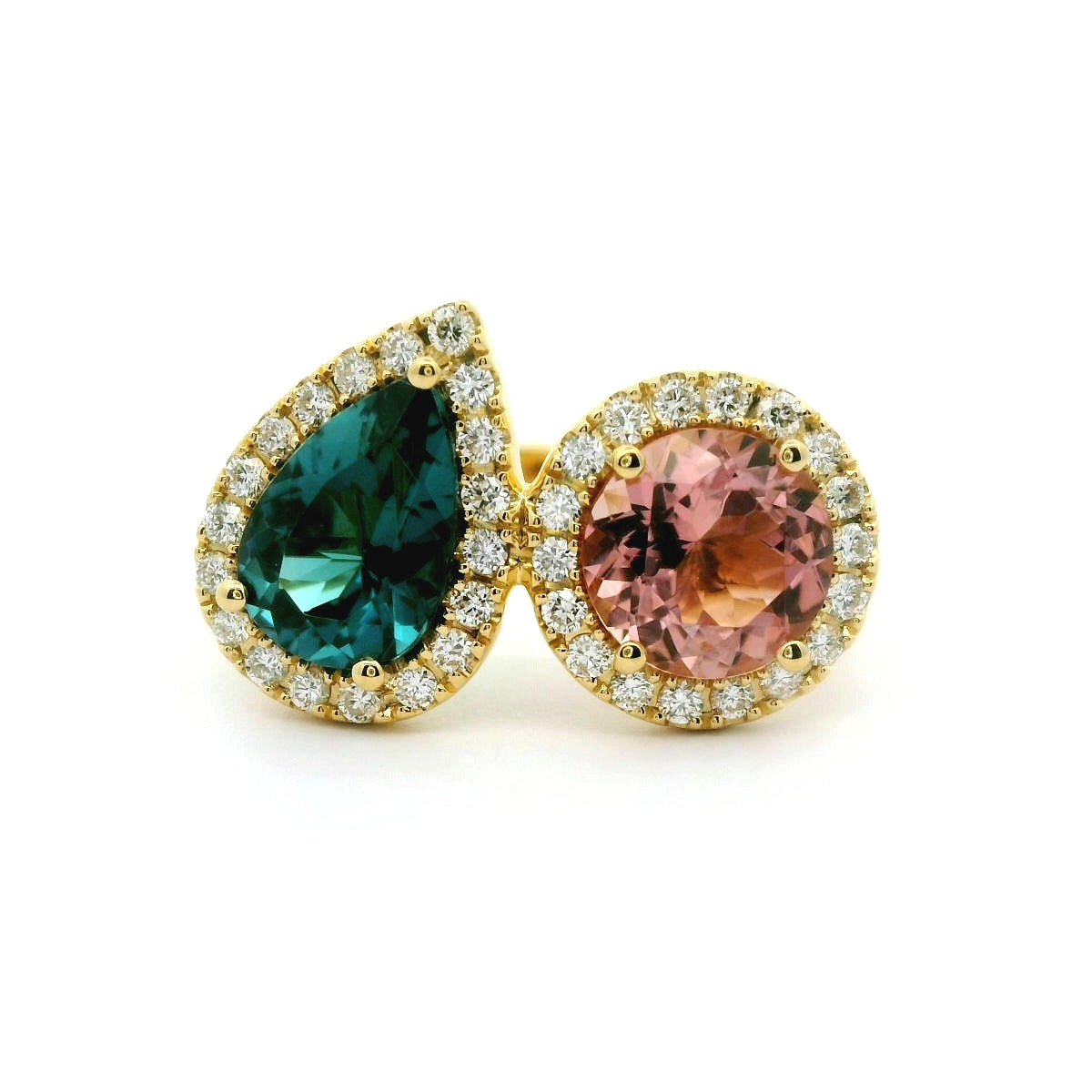 Tourmaline/Pink Tourmaline 2 Stone Ring 1.29/1.30/0.20ct 18K Yellow Gold Size 7