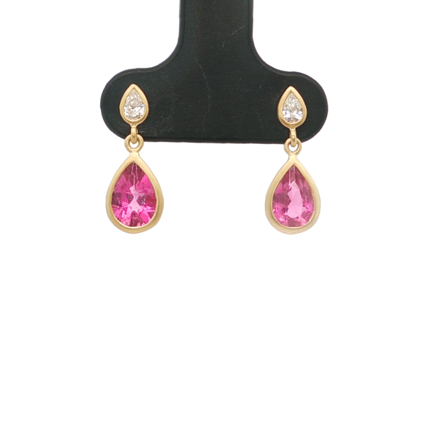 Pink Tourmaline/Diamond Pear Shape Bezel Earring 1.22/0.15ct 18K Yellow Gold