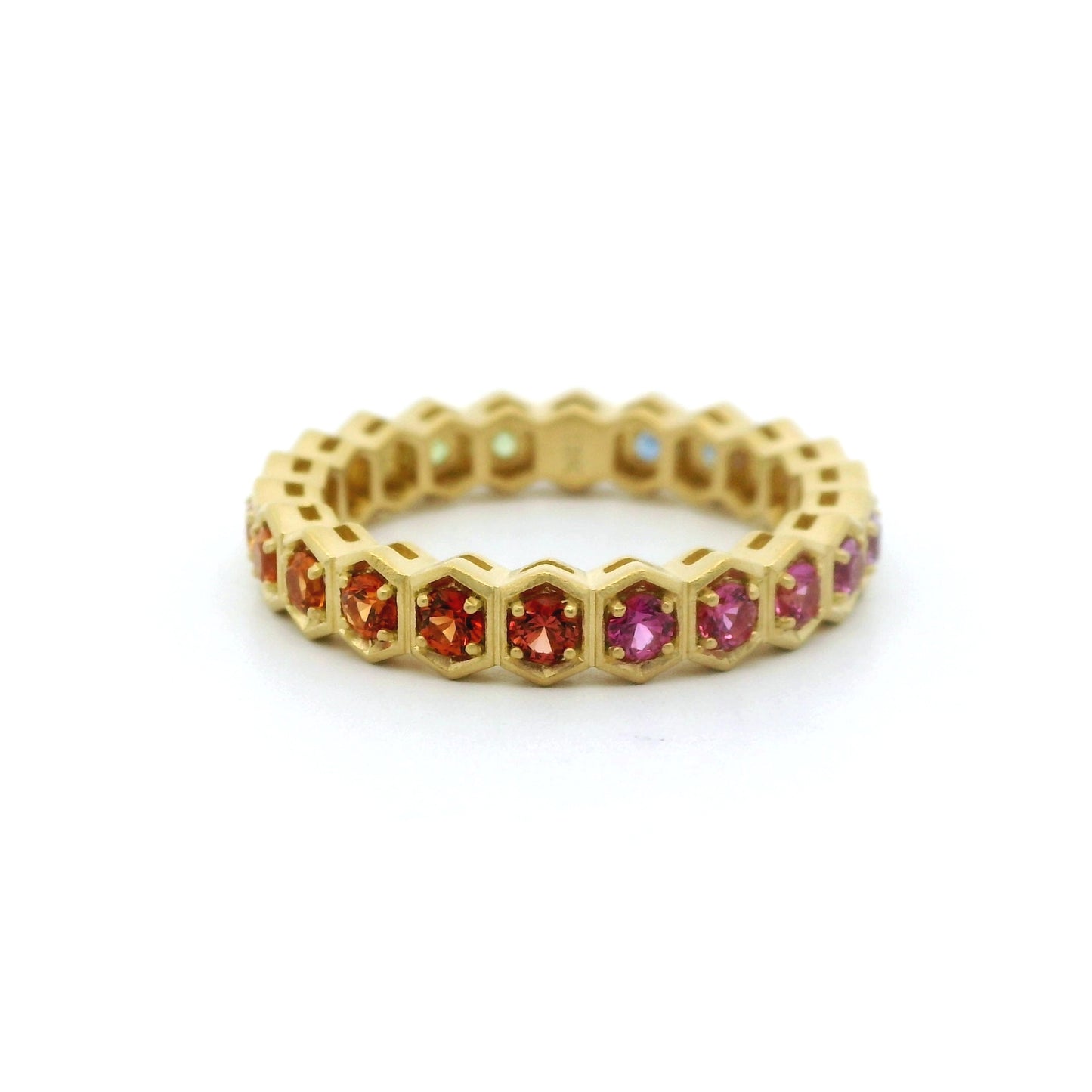 Rainbow Round Eternity Band Hexagon Ring 1.20ct 18K Yellow Gold Size 7.5