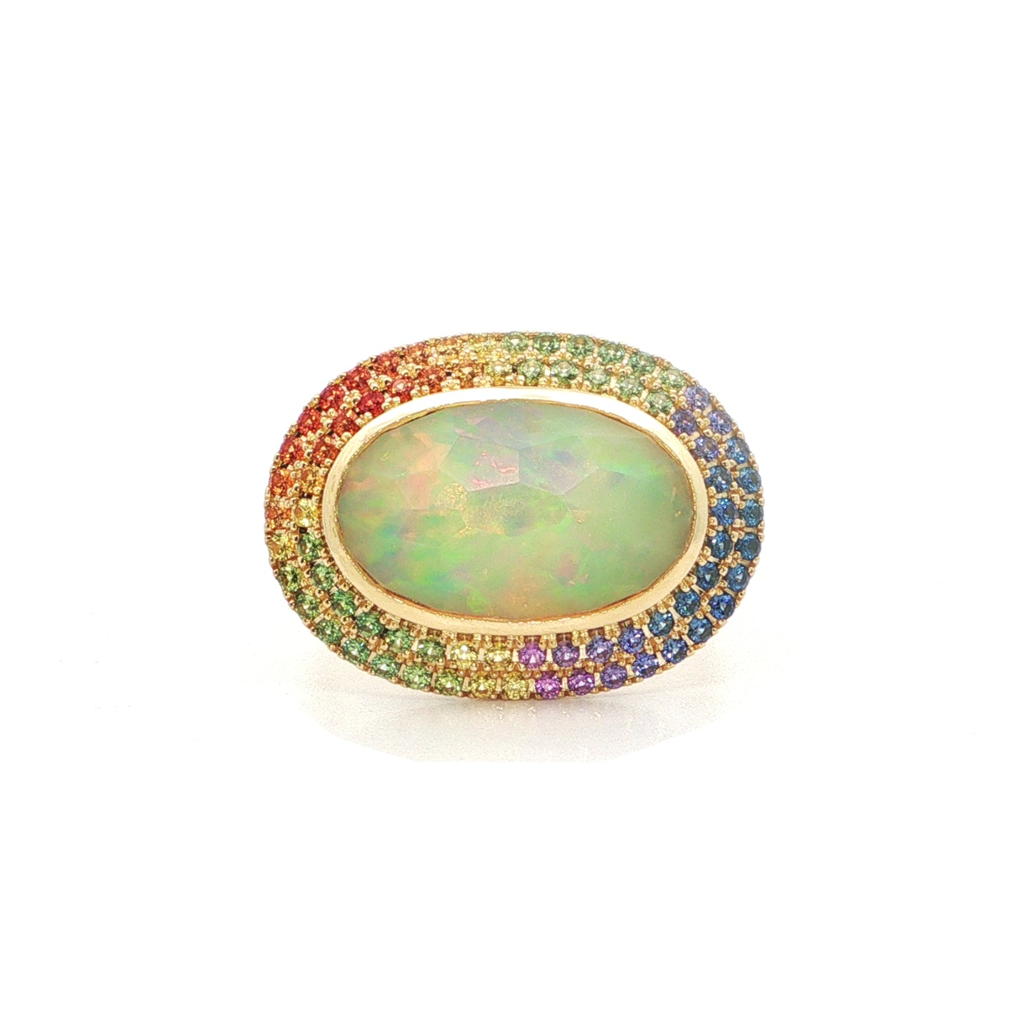 Opal/Rainbow Sapphire Oval Double Halo Ring 3.73/0.70ct 18K Yellow Gold Size 7
