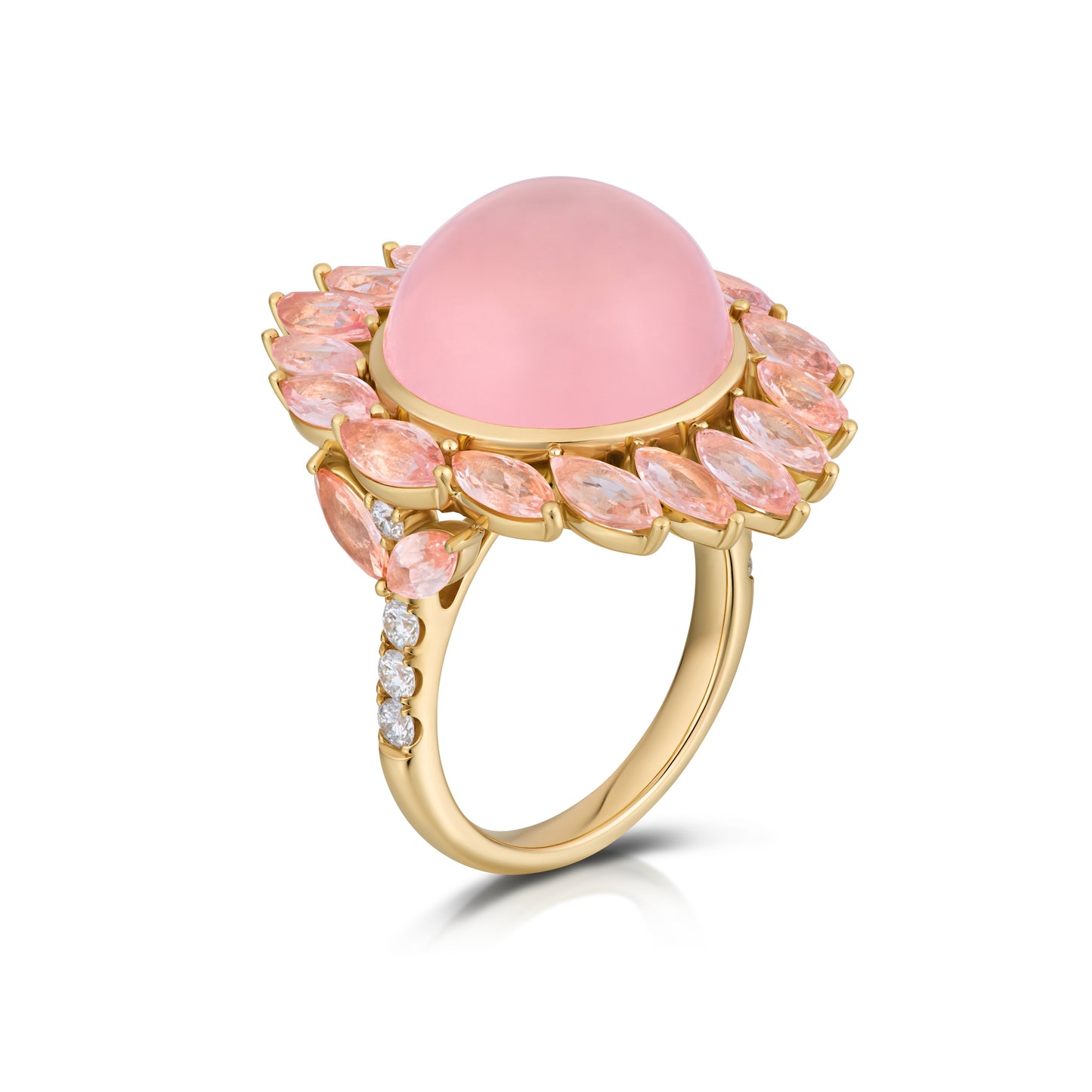 Rose Quartz/Pink Sapphire Halo Ring 14.31/0.13/0.32ct 18K Yellow Gold Size 6.5
