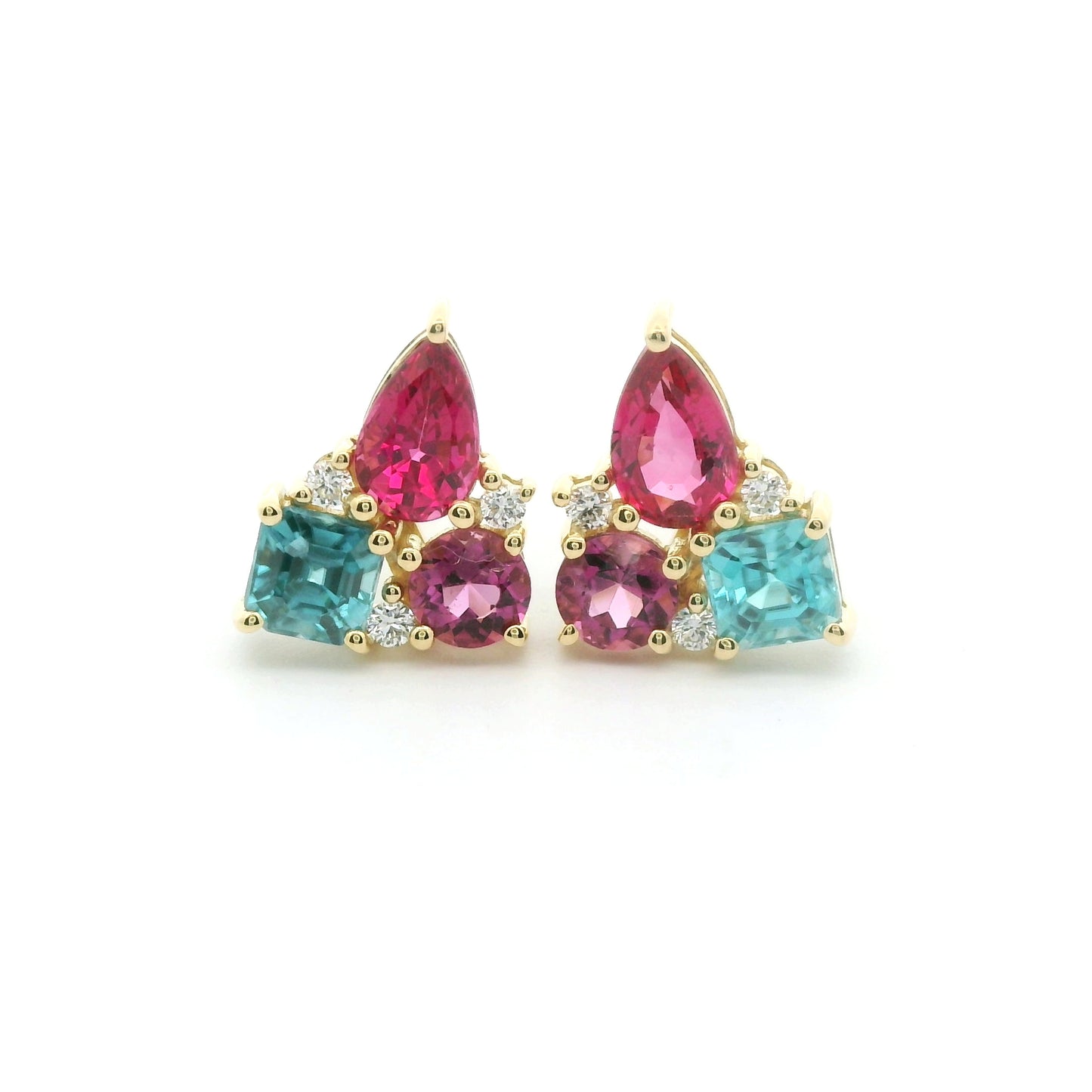 Spinel/Blue Zircon/Rhodolite Garnet Cluster Earring 74/0.90/0.33/0.12ct 18K Yellow Gold