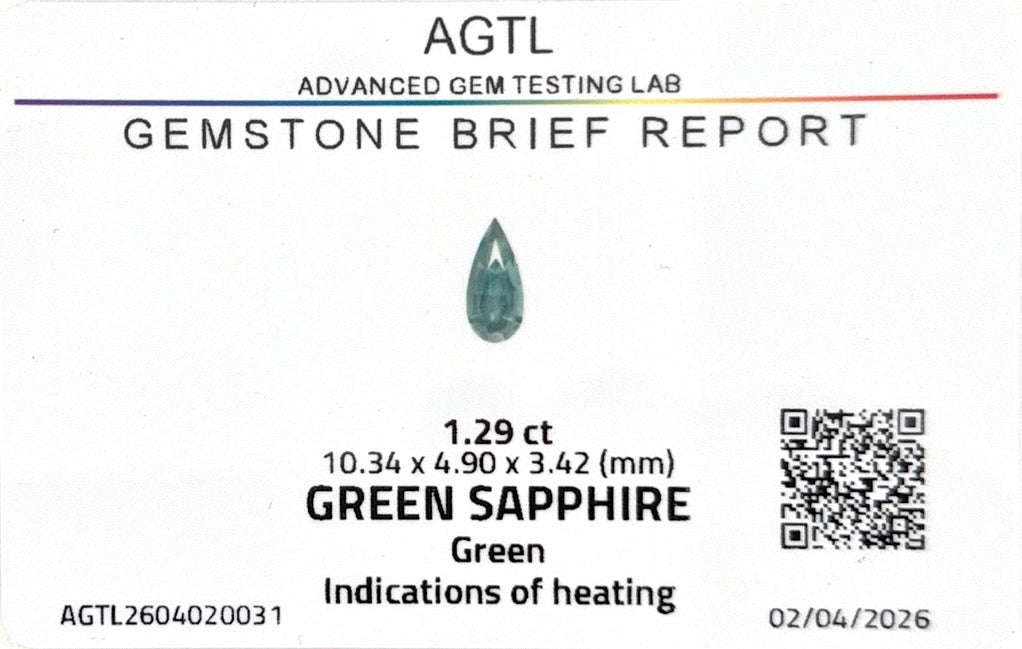 Kenyan Green Sapphire Pear Shape AGTL Certified 1.29ct (H) 10.34x4.90mm 750pct