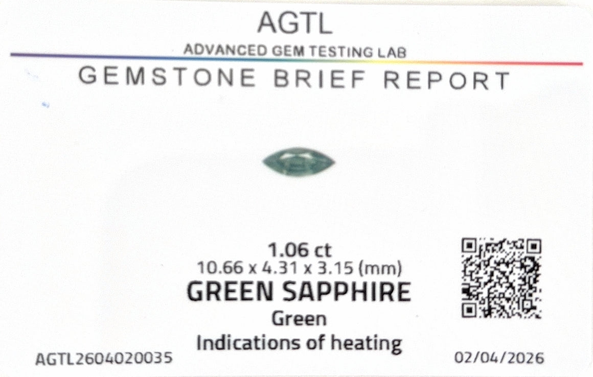 Kenyan Green Sapphire Marquise AGTL Certified 1.06ct (H) 10.66x4.31mm 400pct