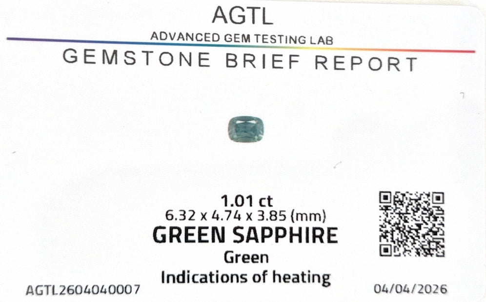 Kenyan Green Sapphire Cushion AGTL Certified 1.01ct (H) 6.32x4.74mm 570pct