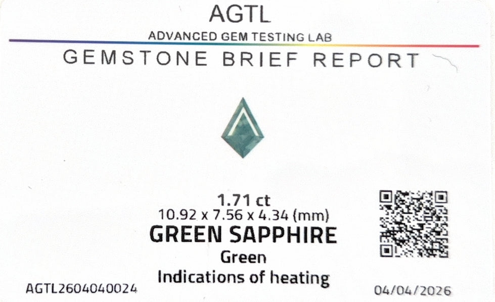 Green Sapphire Kite AGTL Certified 1.71ct (H) 10.92x7.56ct 950pct