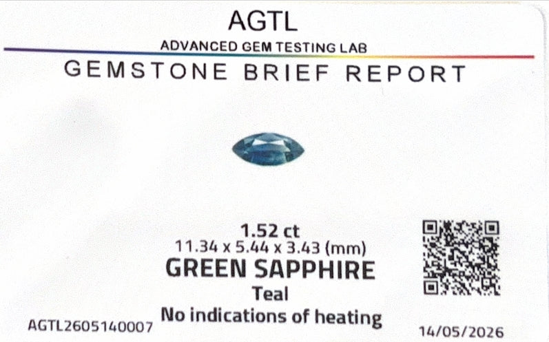 Teal Sapphire Marquise AGTL Certified 1.52ct (N) 11.34x5.44mm 1100pct